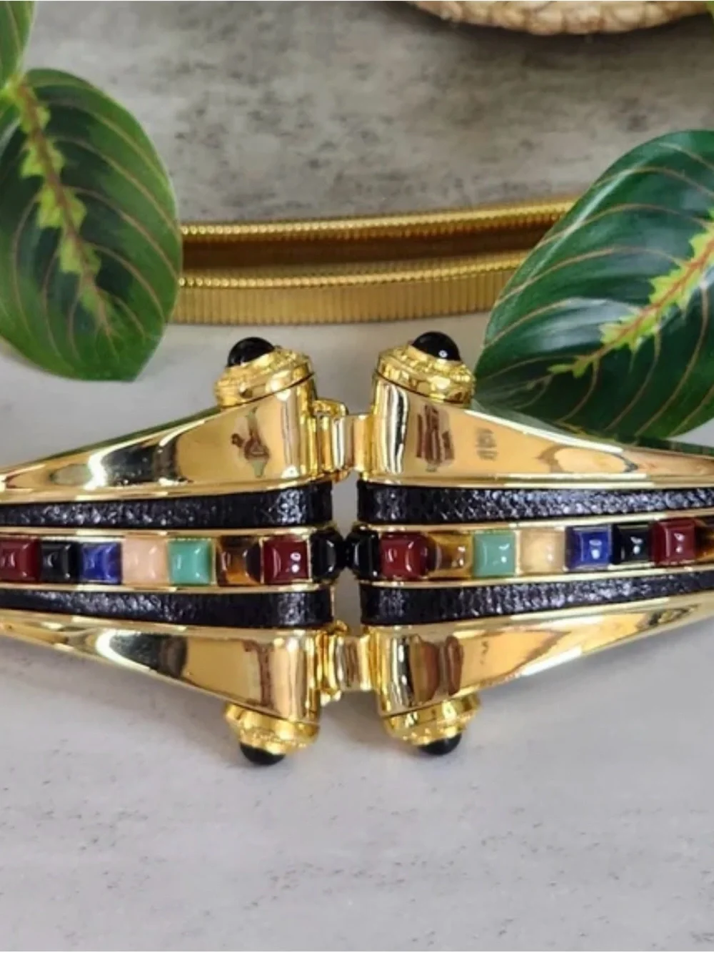 Judith Leiber Gold-Tone Multicolor Stone Hinged Genuine Black Snake skin Belt